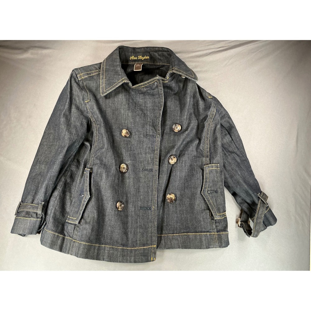 Ann Taylor Womens Dark Wash Denim Pea Coat Double Breasted Jacket Small